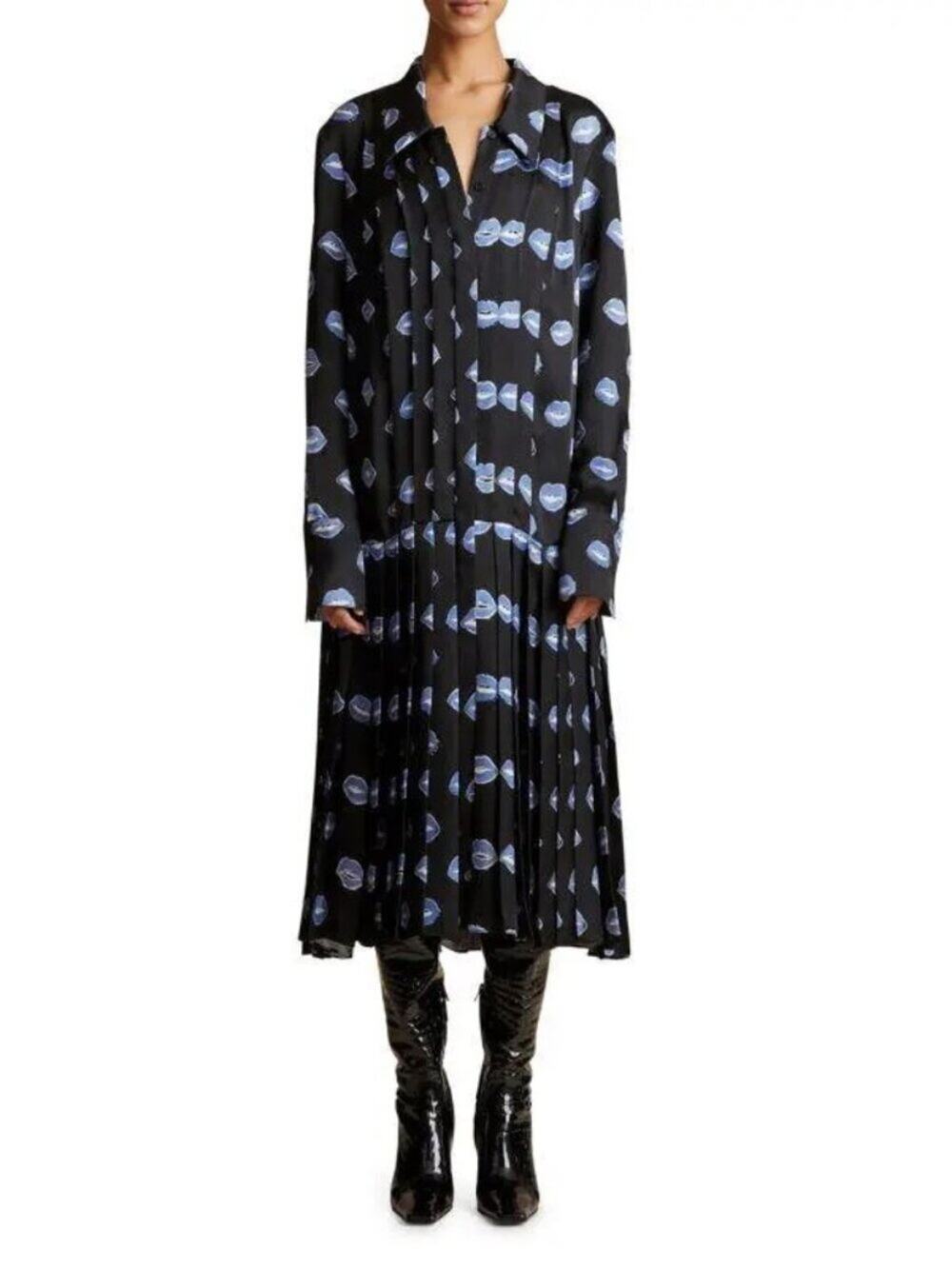 KHAITE Pre-Fall 2023 Lip Print Pleated Silk Dress Size 6